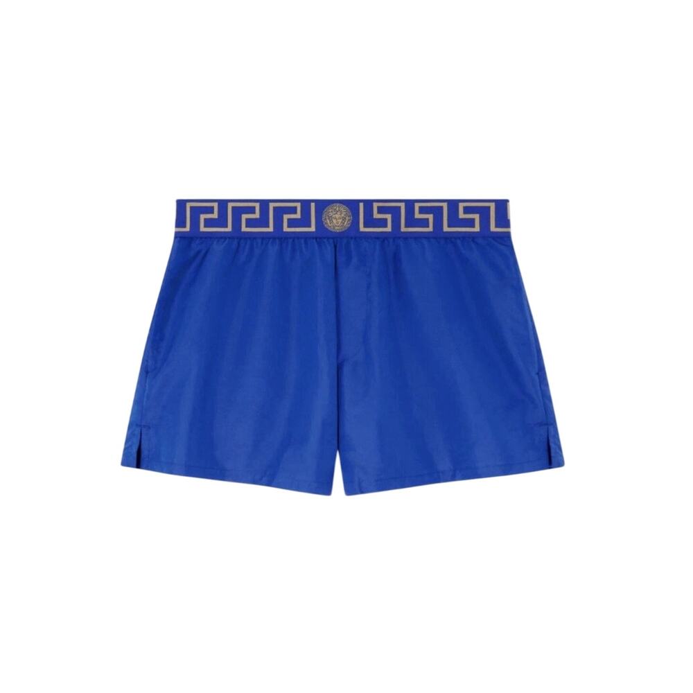 NWT Versace Greca Border Swim Shorts IT 7 US XL Blue Medusa Logo Elastic Waist